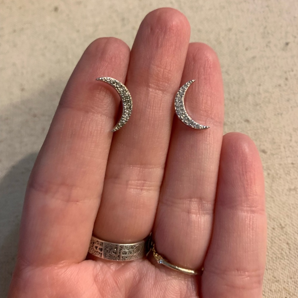 Sterling Silver Sparkling Moon Stud Earrings